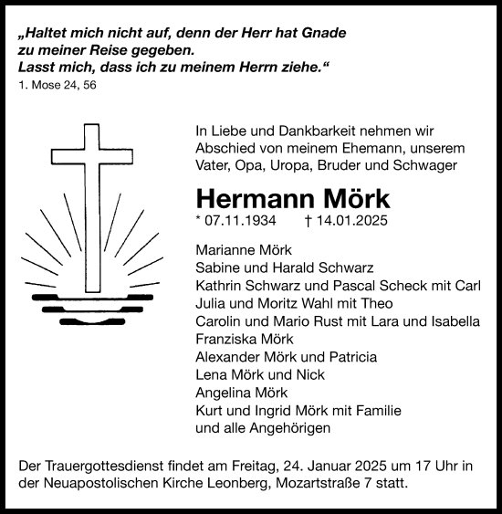 Traueranzeige von Hermann Mörk von Leonberger Kreiszeitung / Strohgäu Extra