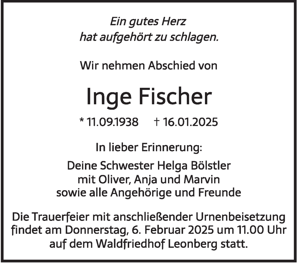  Traueranzeige für Inge Fischer vom 30.01.2025 aus Leonberger Kreiszeitung / Strohgäu Extra
