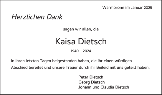 Traueranzeige von Kaisa Dietsch von Leonberger Kreiszeitung / Strohgäu Extra