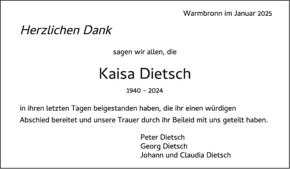  Traueranzeige für Kaisa Dietsch vom 17.01.2025 aus Leonberger Kreiszeitung / Strohgäu Extra