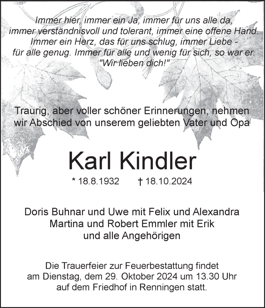  Traueranzeige für Karl Kindler vom 24.10.2024 aus Leonberger Kreiszeitung / Strohgäu Extra