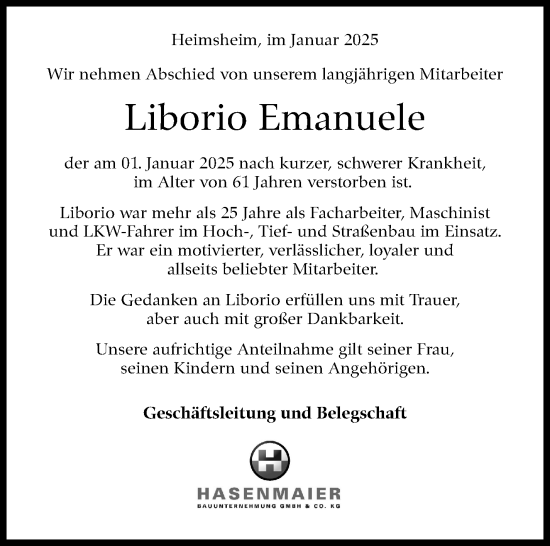 Traueranzeige von Liborio Emanuele von Leonberger Kreiszeitung / Strohgäu Extra