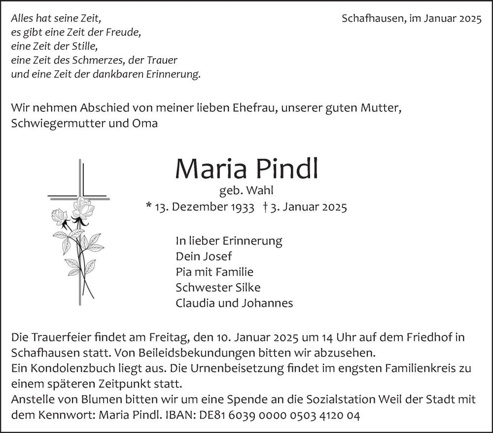  Traueranzeige für Maria Pindl vom 10.01.2025 aus Leonberger Kreiszeitung / Strohgäu Extra