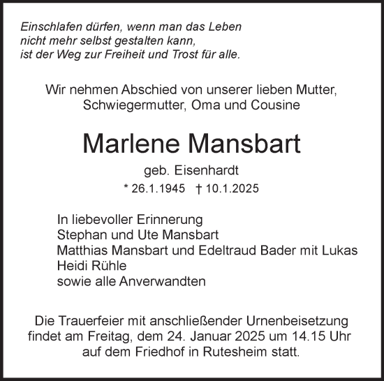 Traueranzeige von Marlene Mansbart von Leonberger Kreiszeitung / Strohgäu Extra