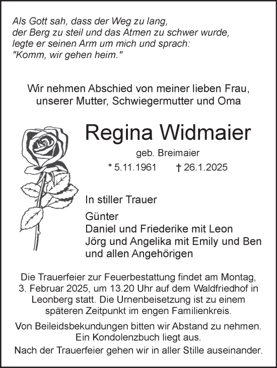 Traueranzeige von Regina Widmaier von Leonberger Kreiszeitung / Strohgäu Extra