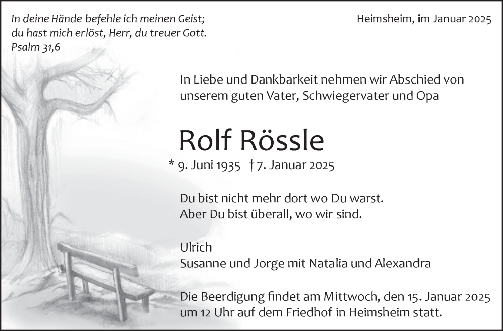  Traueranzeige für Rolf Rössle vom 10.01.2025 aus Leonberger Kreiszeitung / Strohgäu Extra