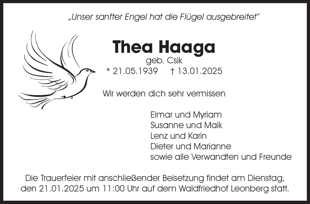  Traueranzeige für Thea Haaga vom 17.01.2025 aus Leonberger Kreiszeitung / Strohgäu Extra