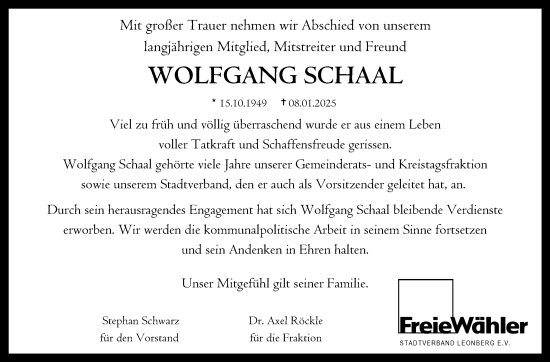 Traueranzeige von Wolfgang Schaal von Leonberger Kreiszeitung / Strohgäu Extra