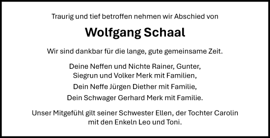 Traueranzeige von Wolfgang Schaal von Leonberger Kreiszeitung / Strohgäu Extra