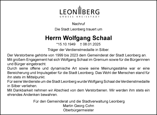 Traueranzeige von Wolfgang Schaal von Leonberger Kreiszeitung / Strohgäu Extra