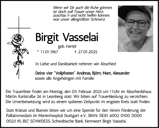 Traueranzeige von Birgit Vasselai von Leonberger Kreiszeitung / Strohgäu Extra