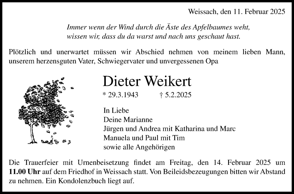  Traueranzeige für Dieter Weikert vom 11.02.2025 aus Leonberger Kreiszeitung / Strohgäu Extra