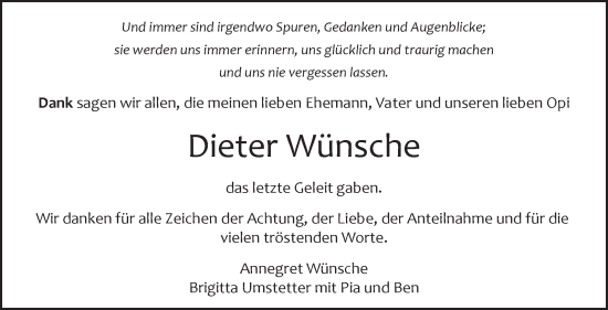 Traueranzeige von Dieter Wünsche von Leonberger Kreiszeitung / Strohgäu Extra