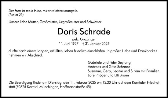 Traueranzeige von Doris Schrade von Leonberger Kreiszeitung / Strohgäu Extra