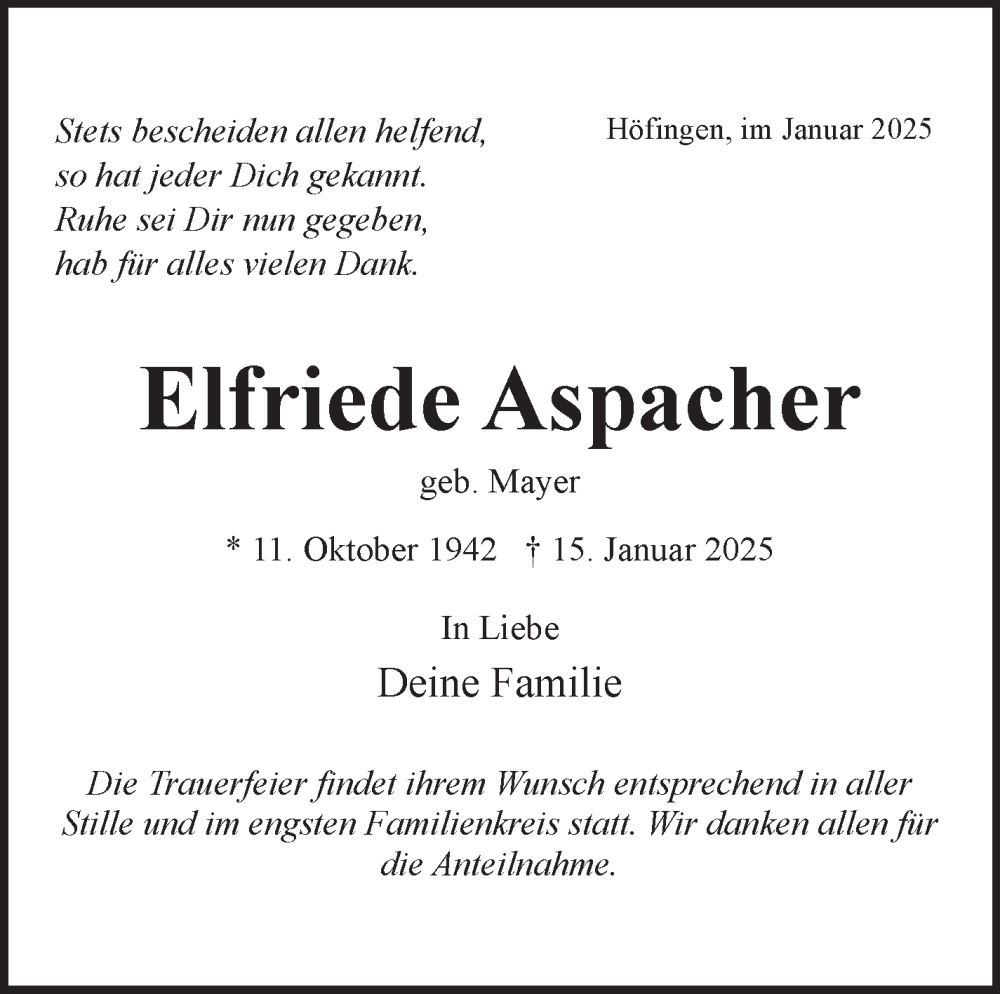  Traueranzeige für Elfriede Aspacher vom 01.02.2025 aus Leonberger Kreiszeitung / Strohgäu Extra