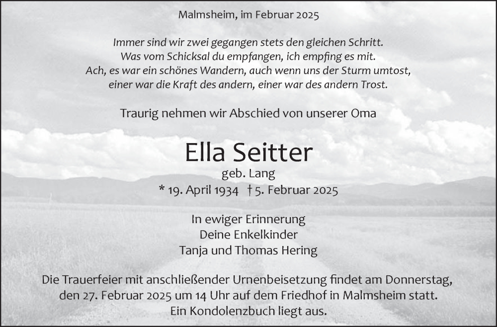  Traueranzeige für Ella Seitter vom 13.02.2025 aus Leonberger Kreiszeitung / Strohgäu Extra