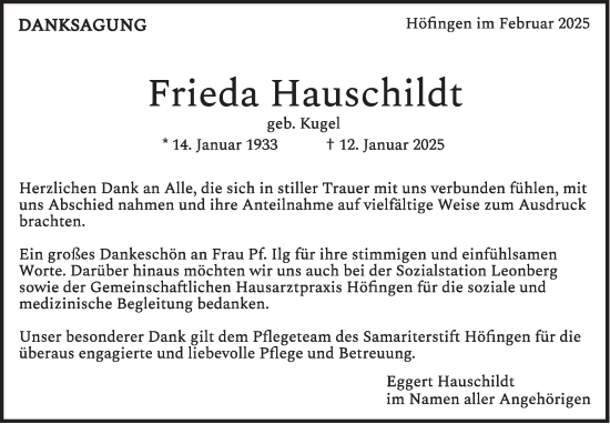 Traueranzeige von Frieda Hauschildt von Leonberger Kreiszeitung / Strohgäu Extra