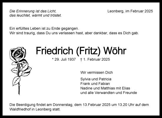 Traueranzeige von Friedrich Wöhr von Leonberger Kreiszeitung / Strohgäu Extra