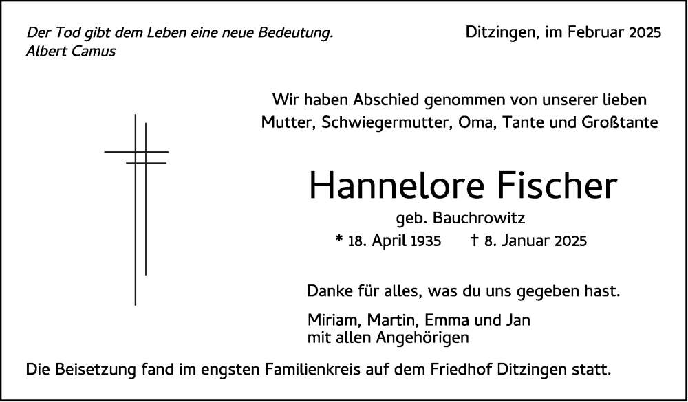  Traueranzeige für Hannelore Fischer vom 13.02.2025 aus Leonberger Kreiszeitung / Strohgäu Extra