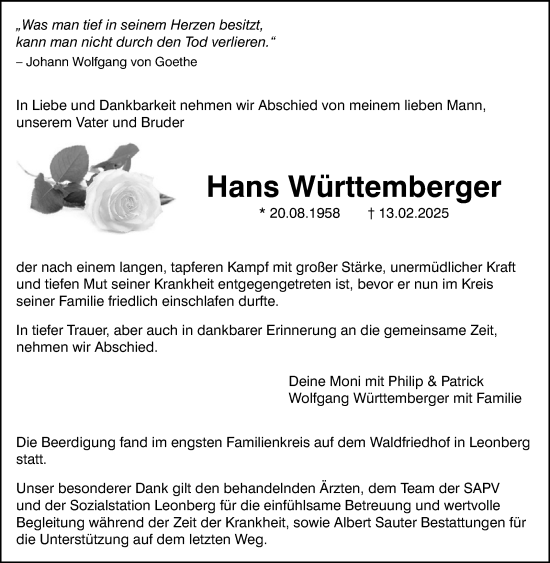 Traueranzeige von Hans Württemberger von Leonberger Kreiszeitung / Strohgäu Extra