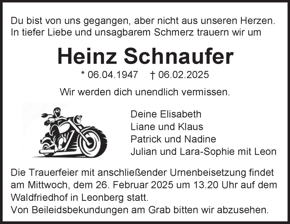  Traueranzeige für Heinz Schnaufer vom 20.02.2025 aus Leonberger Kreiszeitung / Strohgäu Extra