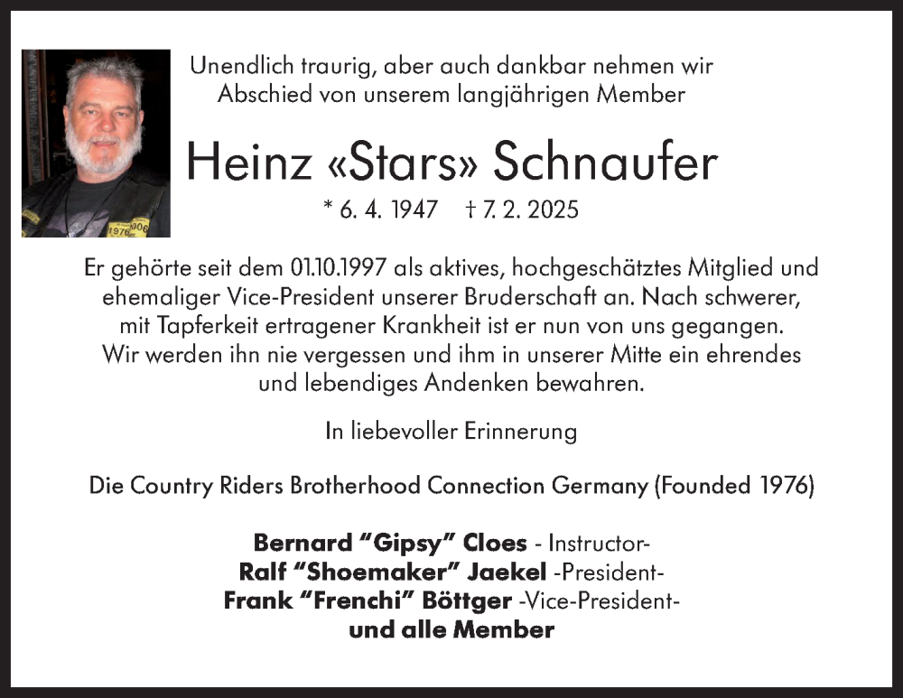  Traueranzeige für Heinz Schnaufer vom 20.02.2025 aus Leonberger Kreiszeitung / Strohgäu Extra