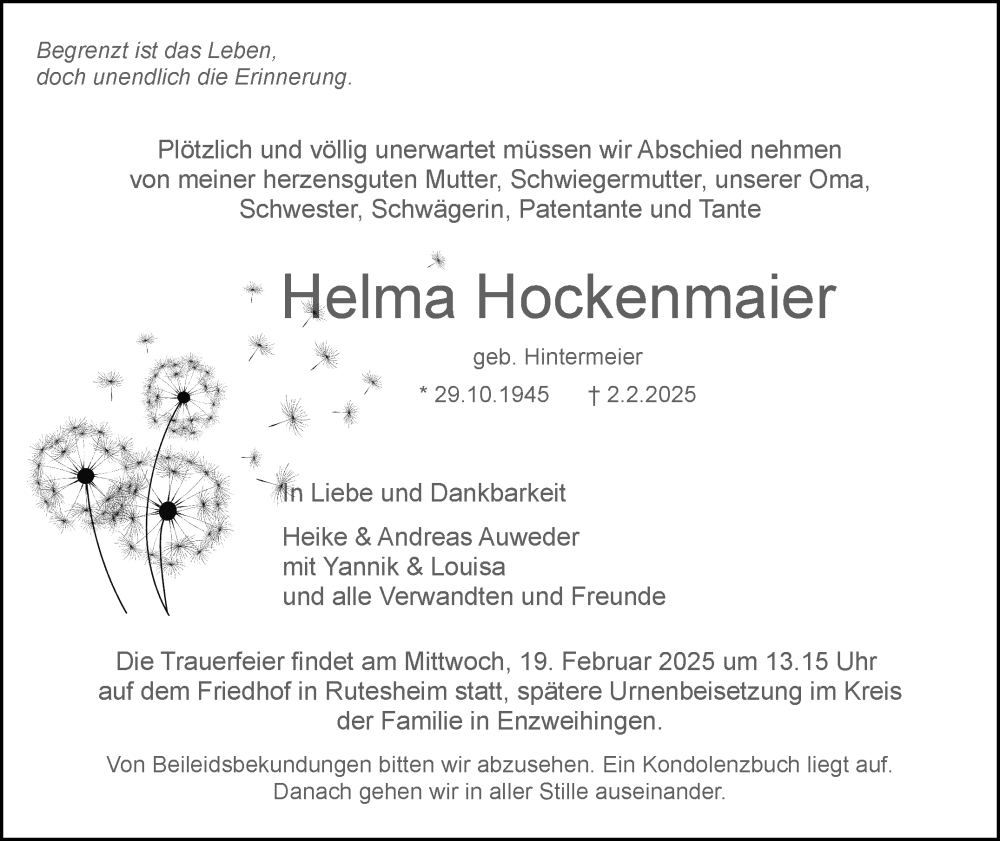  Traueranzeige für Helma Hockenmaier vom 13.02.2025 aus Leonberger Kreiszeitung / Strohgäu Extra
