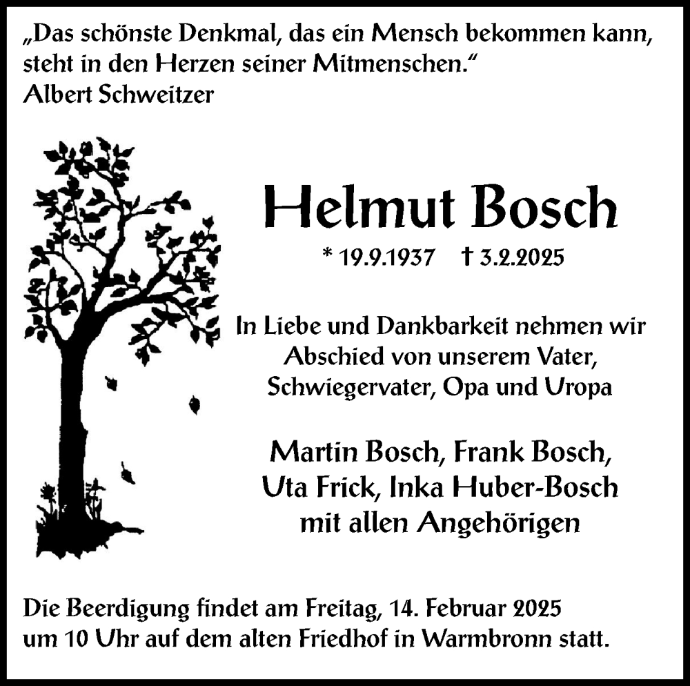  Traueranzeige für Helmut Bosch vom 08.02.2025 aus Leonberger Kreiszeitung / Strohgäu Extra