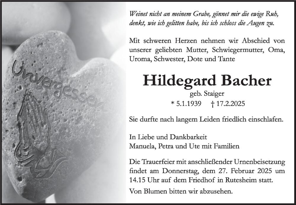  Traueranzeige für Hildegard Bacher vom 21.02.2025 aus Leonberger Kreiszeitung / Strohgäu Extra