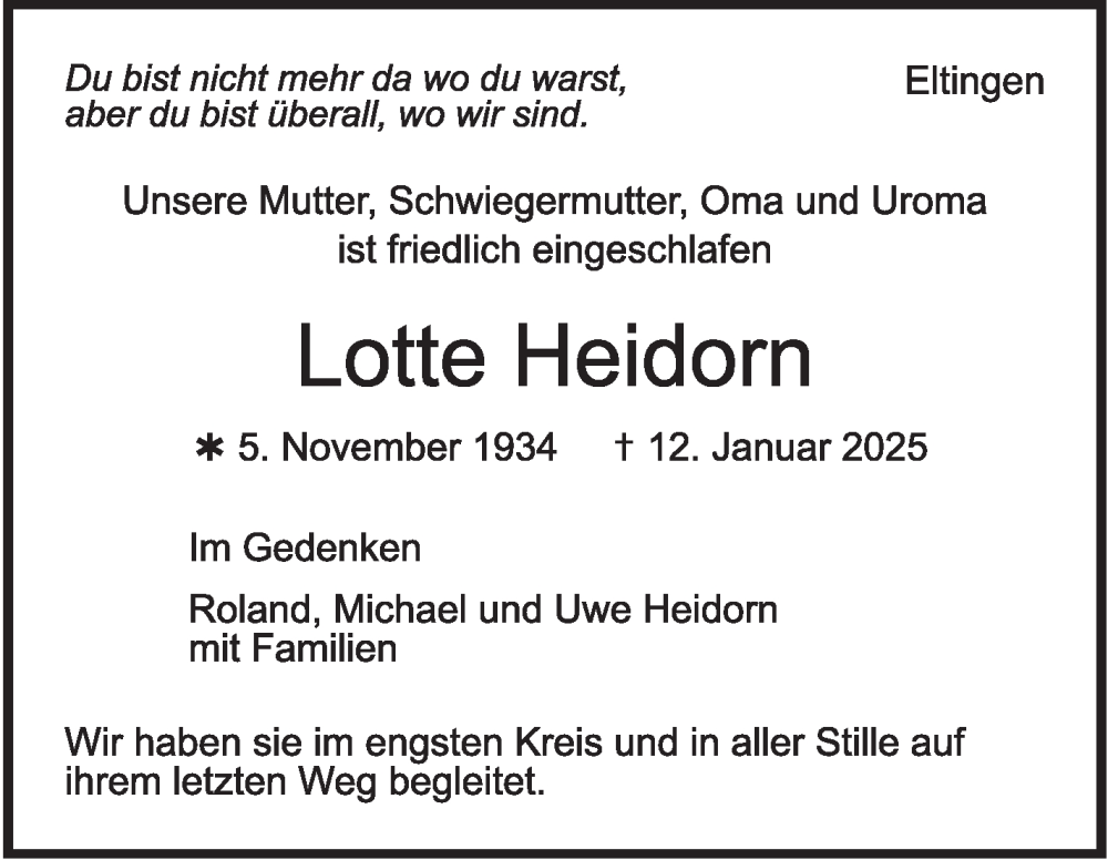  Traueranzeige für Lotte Heidorn vom 08.02.2025 aus Leonberger Kreiszeitung / Strohgäu Extra
