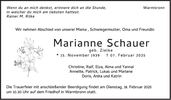 Traueranzeige von Marianne Schauer von Leonberger Kreiszeitung / Strohgäu Extra