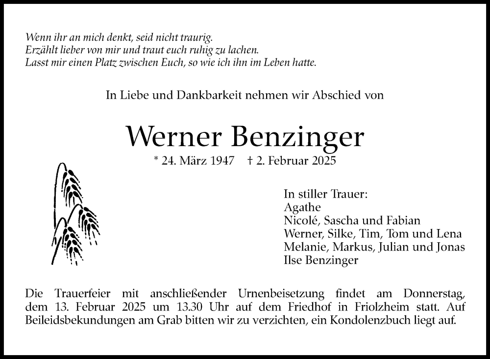  Traueranzeige für Werner Benzinger vom 08.02.2025 aus Leonberger Kreiszeitung / Strohgäu Extra