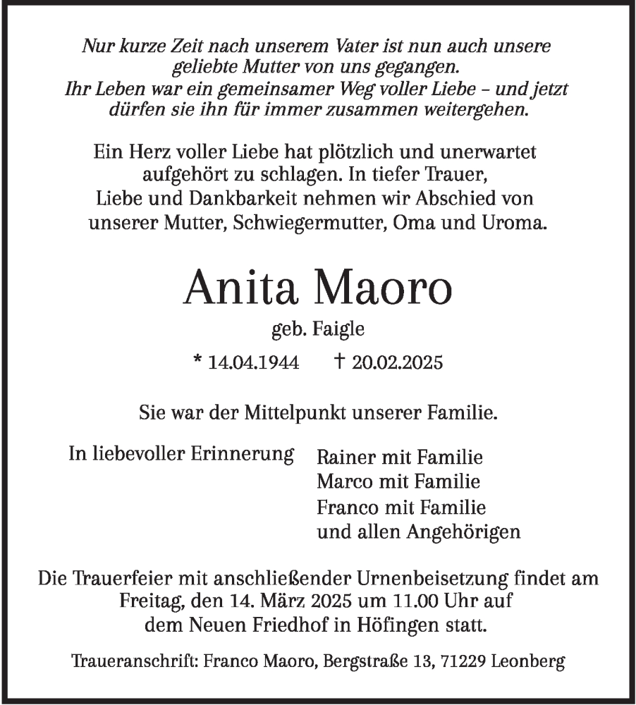  Traueranzeige für Anita Maoro vom 07.03.2025 aus Leonberger Kreiszeitung / Strohgäu Extra