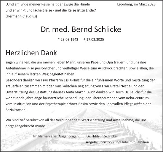 Traueranzeige von Bernd Schlicke von Leonberger Kreiszeitung / Strohgäu Extra
