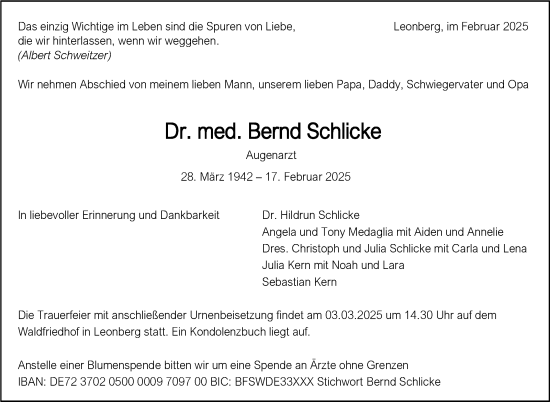 Traueranzeige von Bernd Schlicke von Leonberger Kreiszeitung / Strohgäu Extra