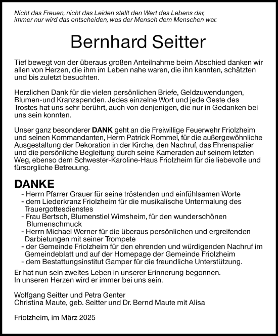 Traueranzeige von Bernhard Seitter von Leonberger Kreiszeitung / Strohgäu Extra