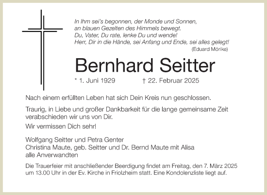 Traueranzeige von Bernhard Seitter von Leonberger Kreiszeitung / Strohgäu Extra
