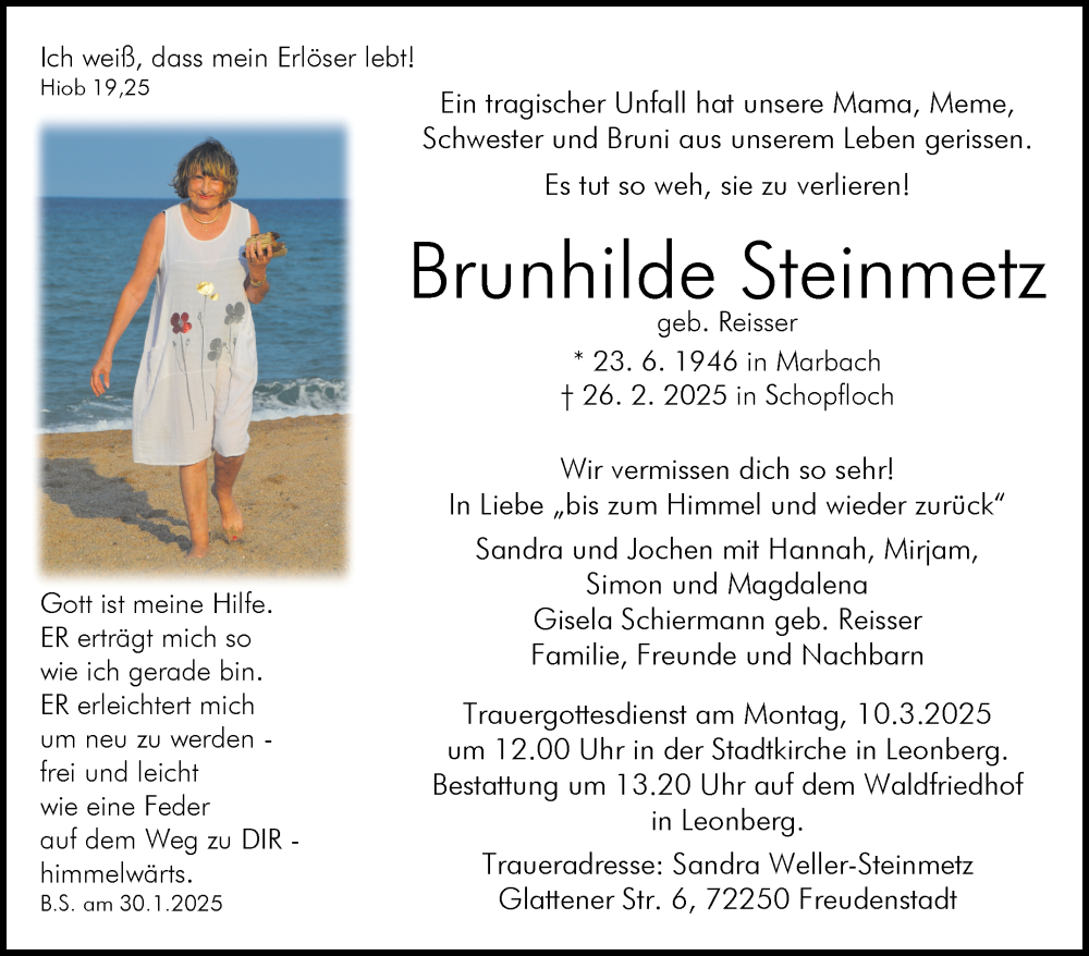  Traueranzeige für Brunhilde Steinmetz vom 10.03.2025 aus Leonberger Kreiszeitung / Strohgäu Extra