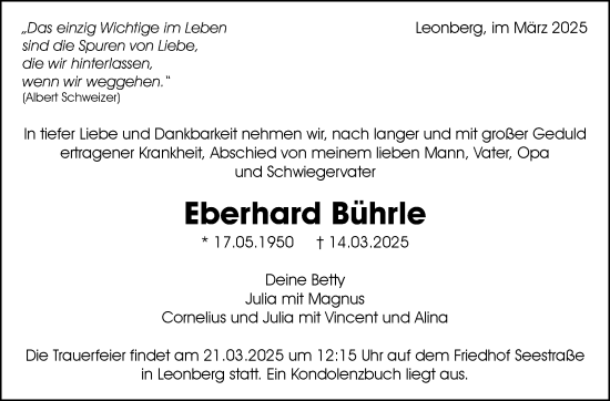 Traueranzeige von Eberhard Bührle von Leonberger Kreiszeitung / Strohgäu Extra