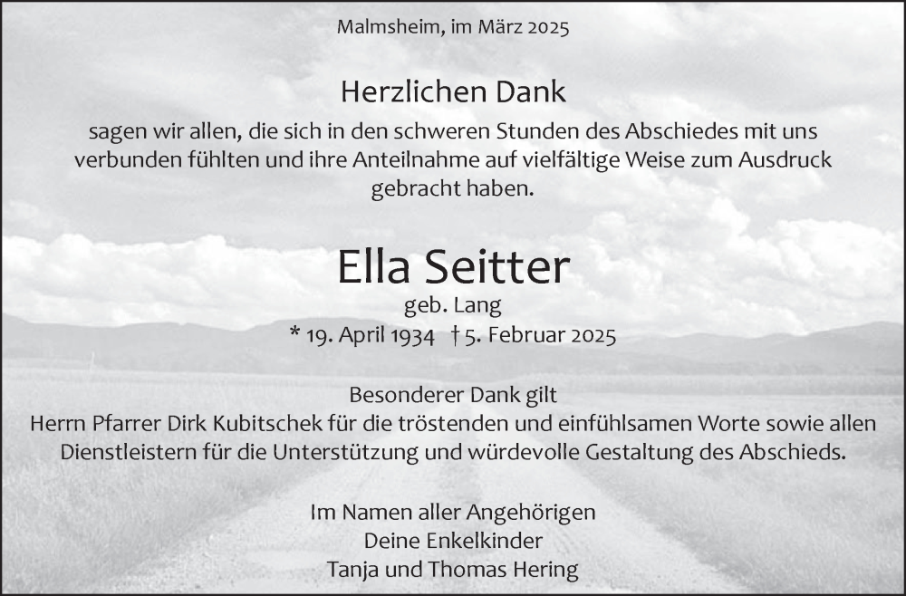  Traueranzeige für Ella Seitter vom 13.03.2025 aus Leonberger Kreiszeitung / Strohgäu Extra