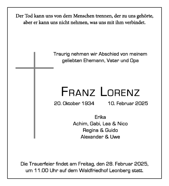 Traueranzeige von Franz Lorenz von Leonberger Kreiszeitung / Strohgäu Extra