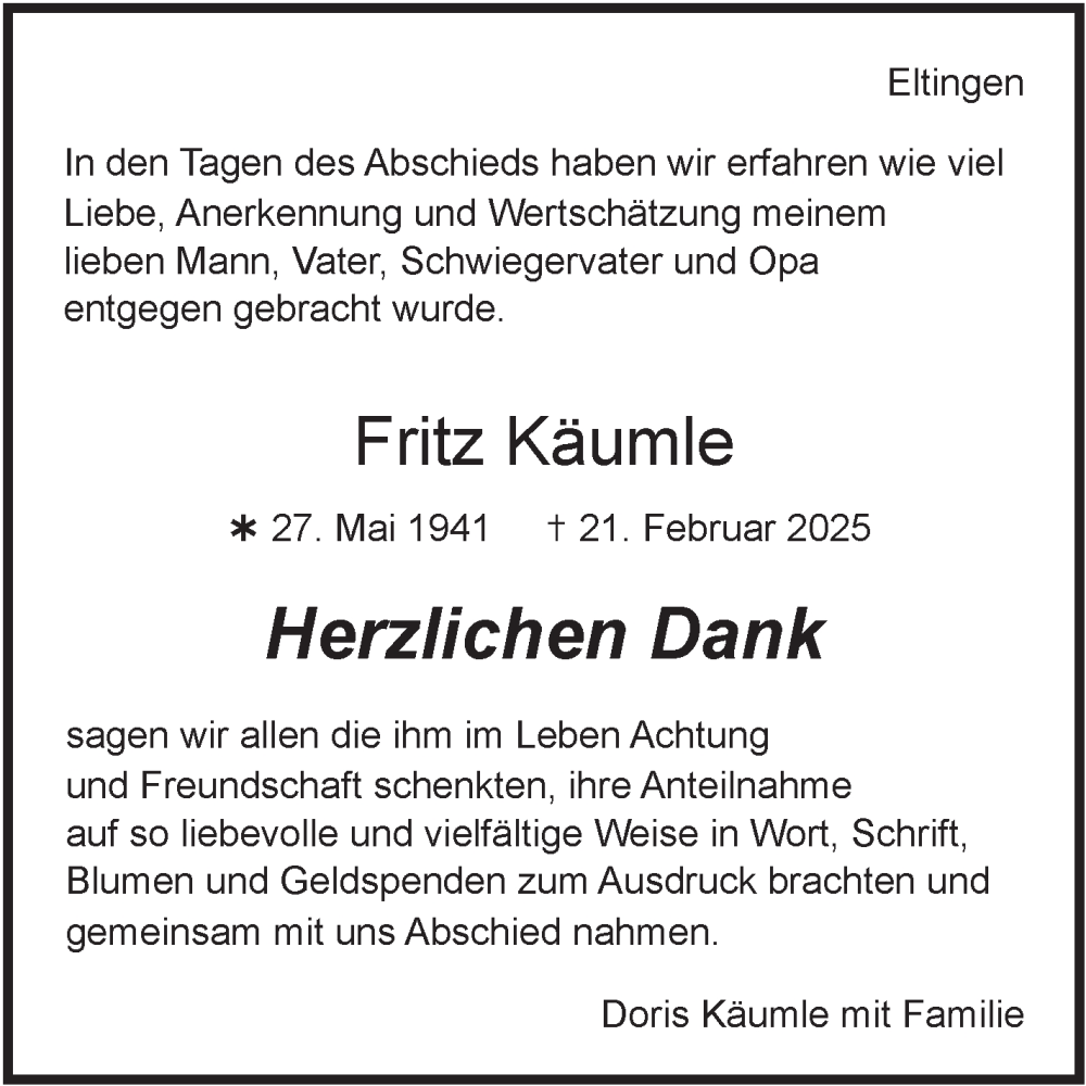  Traueranzeige für Fritz Käumle vom 01.03.2025 aus Leonberger Kreiszeitung / Strohgäu Extra