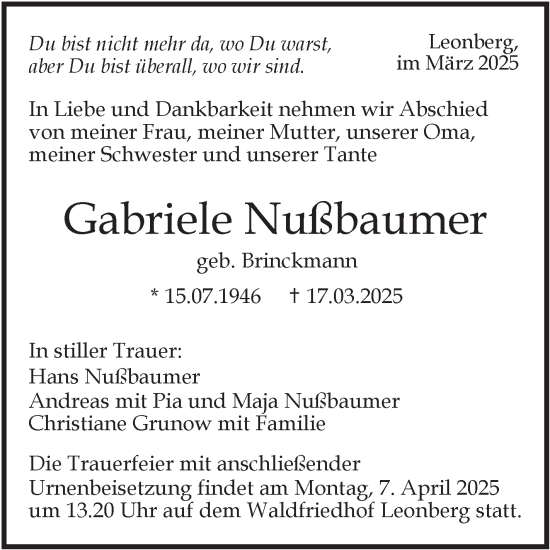 Traueranzeige von Gabriele Nußbaumer von Leonberger Kreiszeitung / Strohgäu Extra