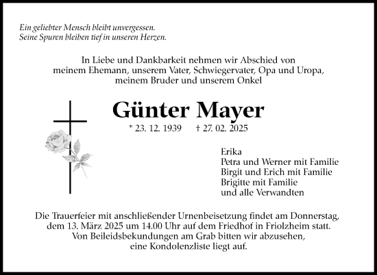 Traueranzeige von Günter Mayer von Leonberger Kreiszeitung / Strohgäu Extra