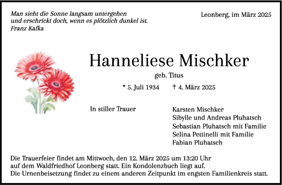 Traueranzeige von Hanneliese Mischker von Leonberger Kreiszeitung / Strohgäu Extra