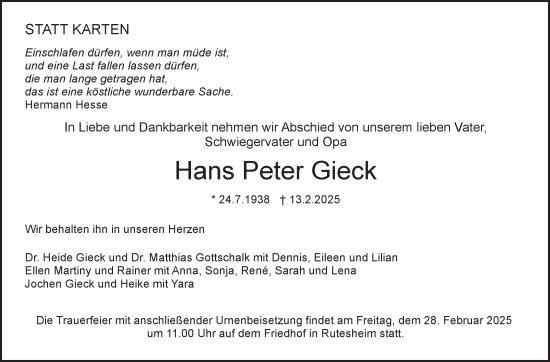 Traueranzeige von Hans Peter Gieck von Leonberger Kreiszeitung / Strohgäu Extra