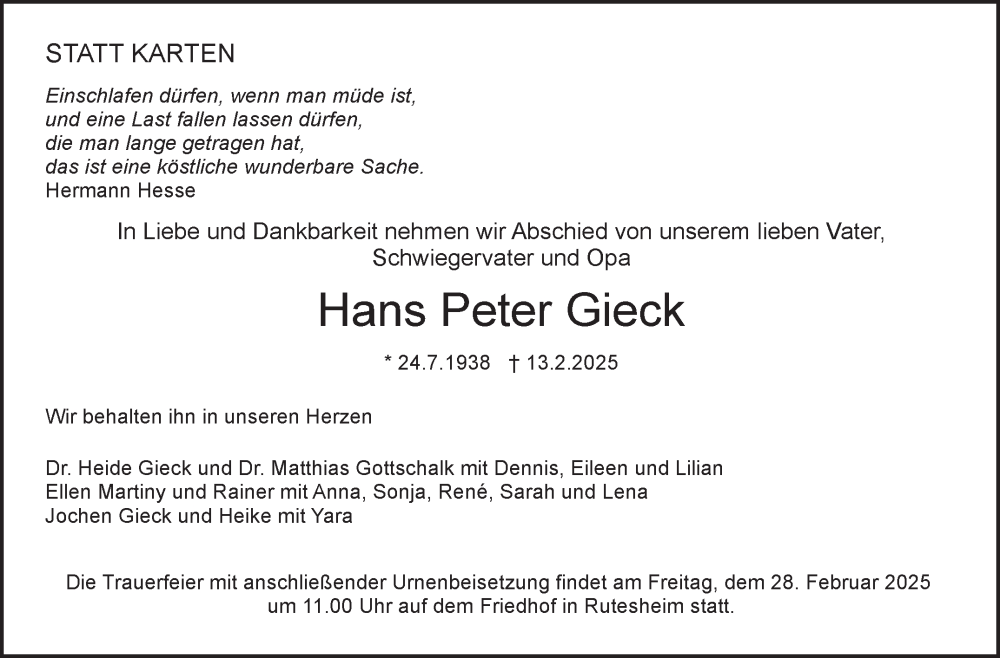  Traueranzeige für Hans Peter Gieck vom 24.02.2025 aus Leonberger Kreiszeitung / Strohgäu Extra