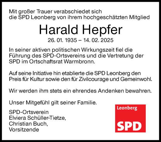 Traueranzeige von Harald Hepfer von Leonberger Kreiszeitung / Strohgäu Extra