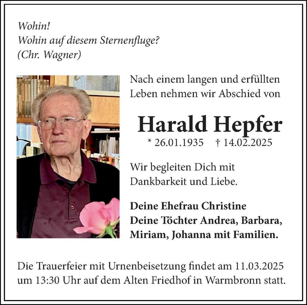  Traueranzeige für Harald Hepfer vom 01.03.2025 aus Leonberger Kreiszeitung / Strohgäu Extra