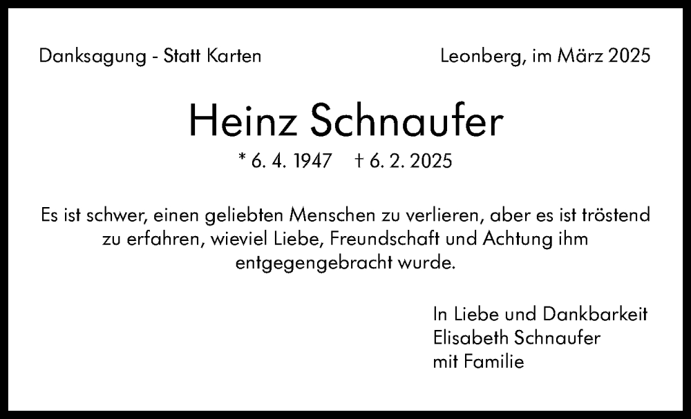  Traueranzeige für Heinz Schnaufer vom 15.03.2025 aus Leonberger Kreiszeitung / Strohgäu Extra